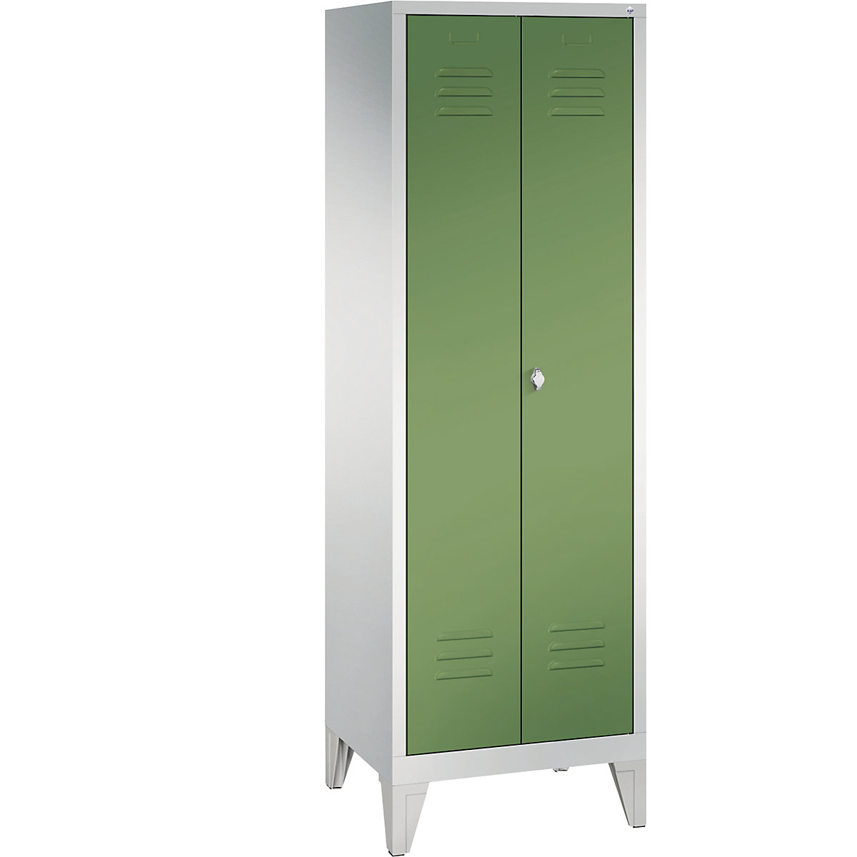 Armário de vestiário CLASSIC com pés, portas que fecham na direção uma da outra – C+P, 2 compartimentos, largura do compartimento 300 mm, cinzento claro/verde reseda-8