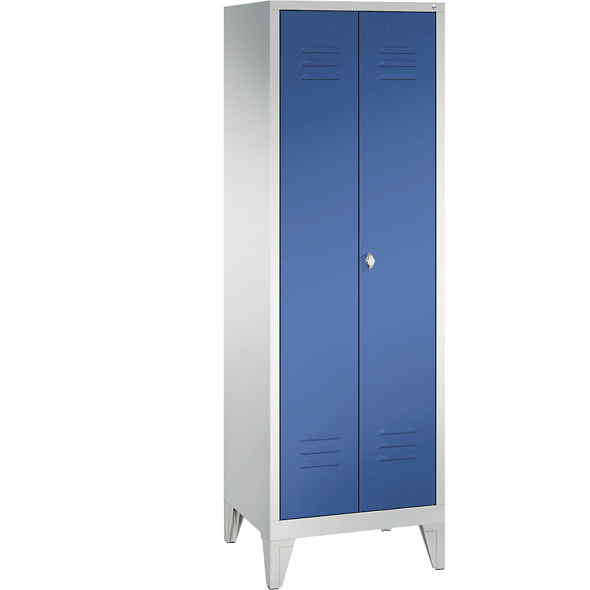 Armário de vestiário CLASSIC com pés, portas que fecham na direção uma da outra – C+P, 2 compartimentos, largura do compartimento 300 mm, cinzento claro/azul genciana-12