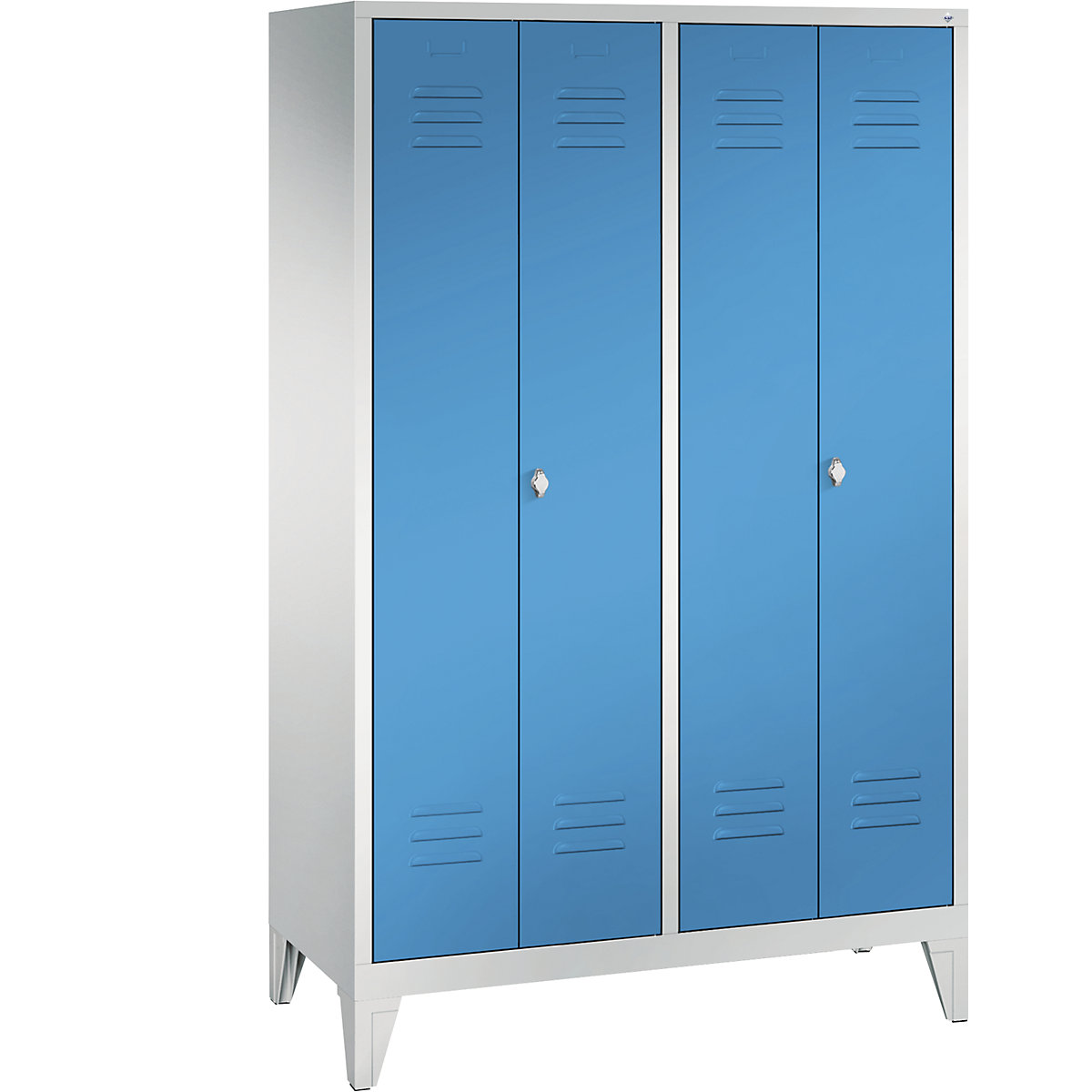 C+P – Armário de vestiário CLASSIC com pés, portas que fecham na direção uma da outra, 4 compartimentos, largura do compartimento 300 mm, cinzento claro/azul claro