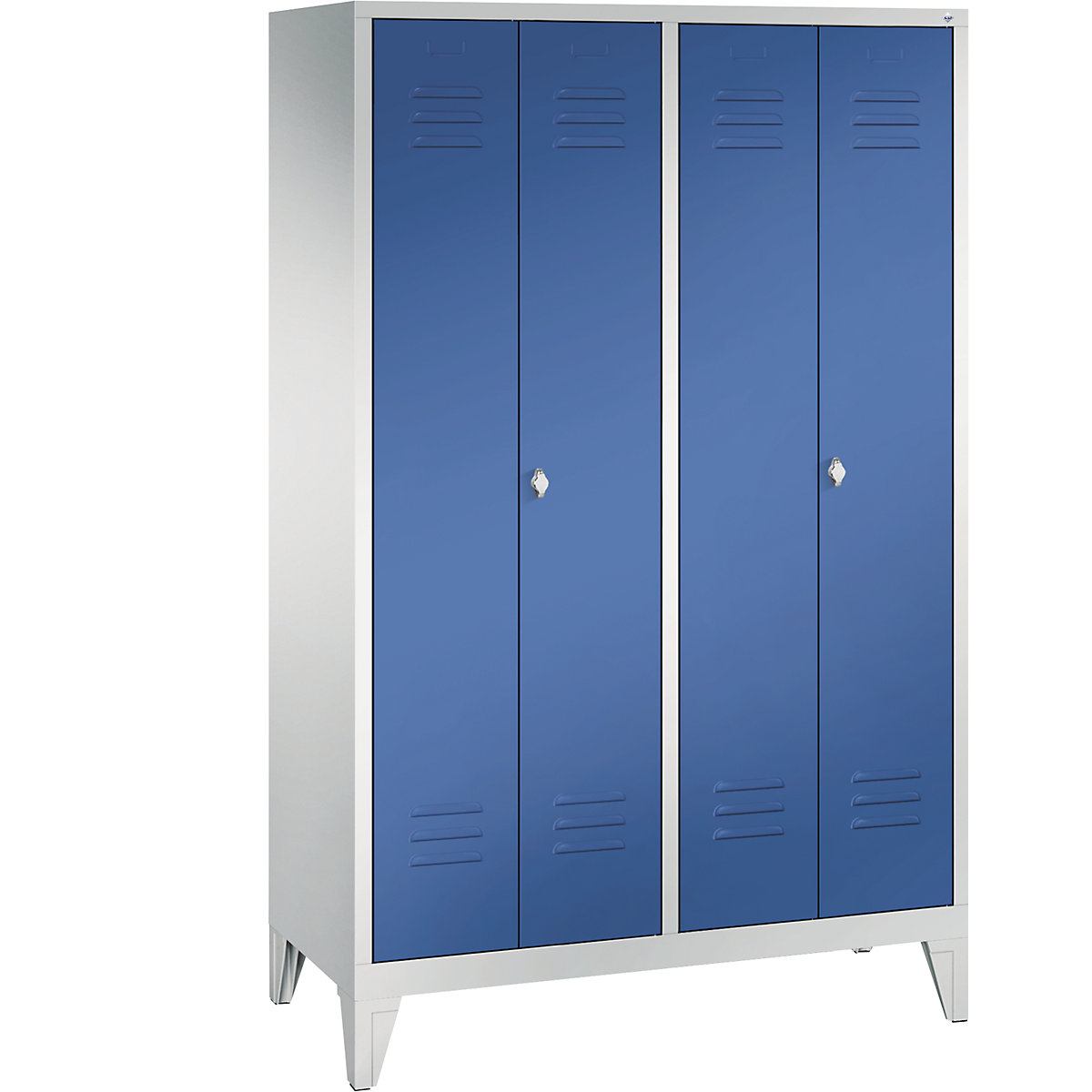 C+P – Armário de vestiário CLASSIC com pés, portas que fecham na direção uma da outra, 4 compartimentos, largura do compartimento 300 mm, cinzento claro/azul genciana
