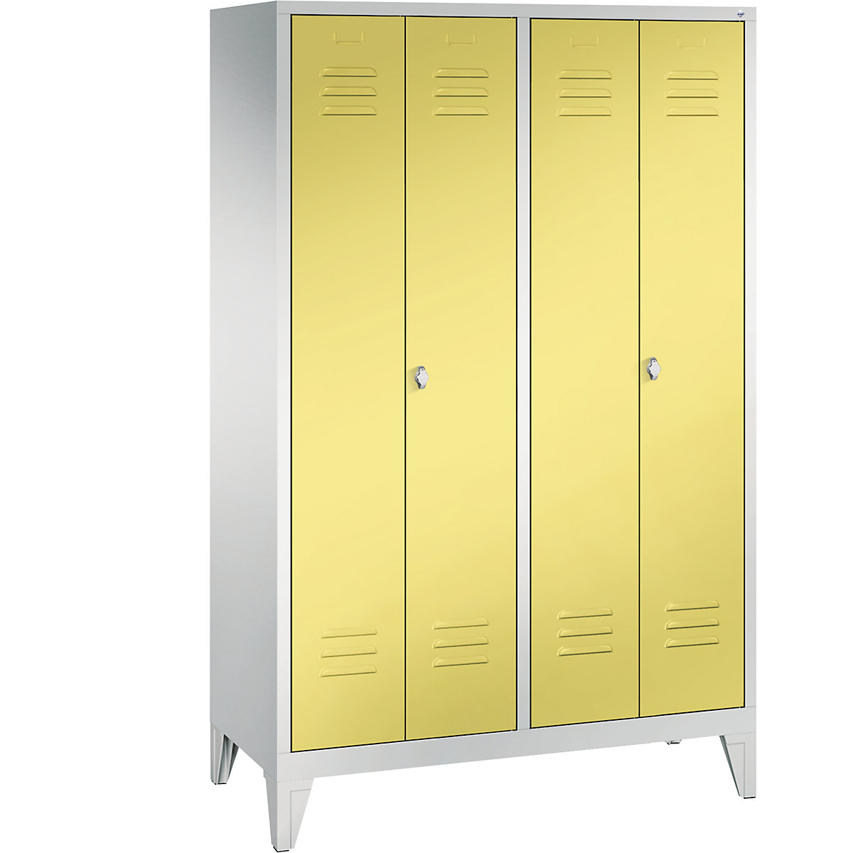 C+P – Armário de vestiário CLASSIC com pés, portas que fecham na direção uma da outra, 4 compartimentos, largura do compartimento 300 mm, cinzento claro/amarelo enxofre
