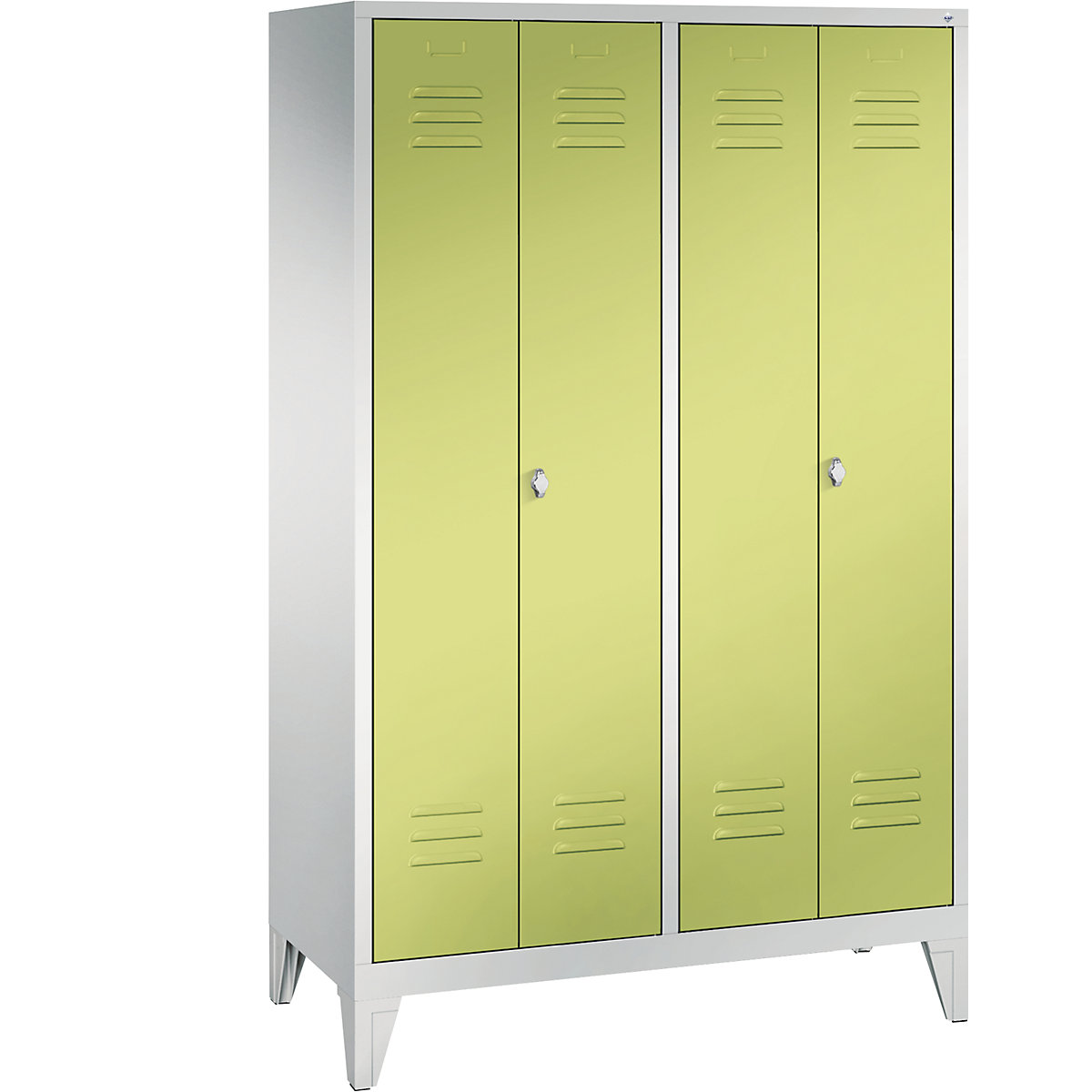 C+P – Armário de vestiário CLASSIC com pés, portas que fecham na direção uma da outra, 4 compartimentos, largura do compartimento 300 mm, cinzento claro/verde viridian