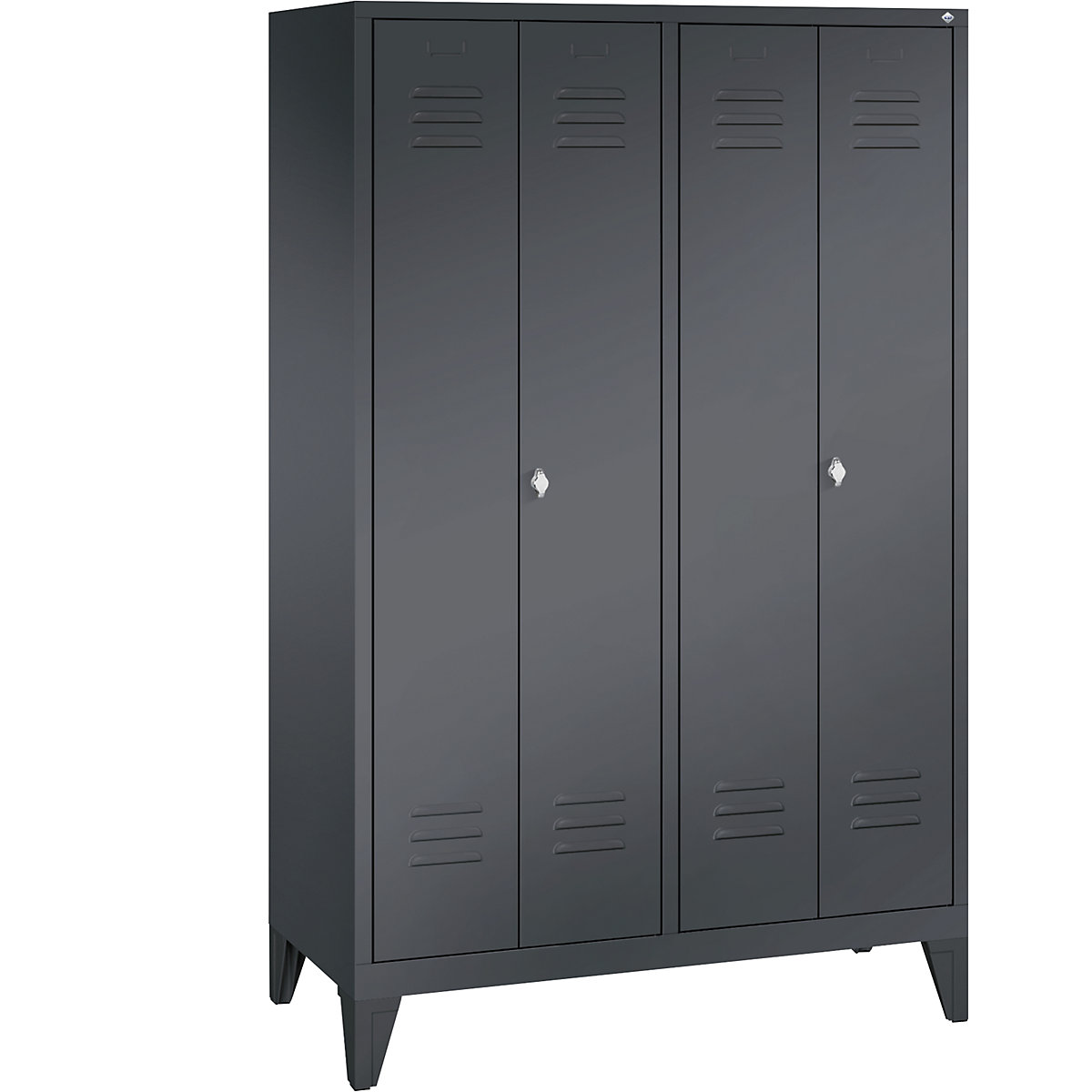 C+P – Armário de vestiário CLASSIC com pés, portas que fecham na direção uma da outra, 4 compartimentos, largura do compartimento 300 mm, preto acinzentado
