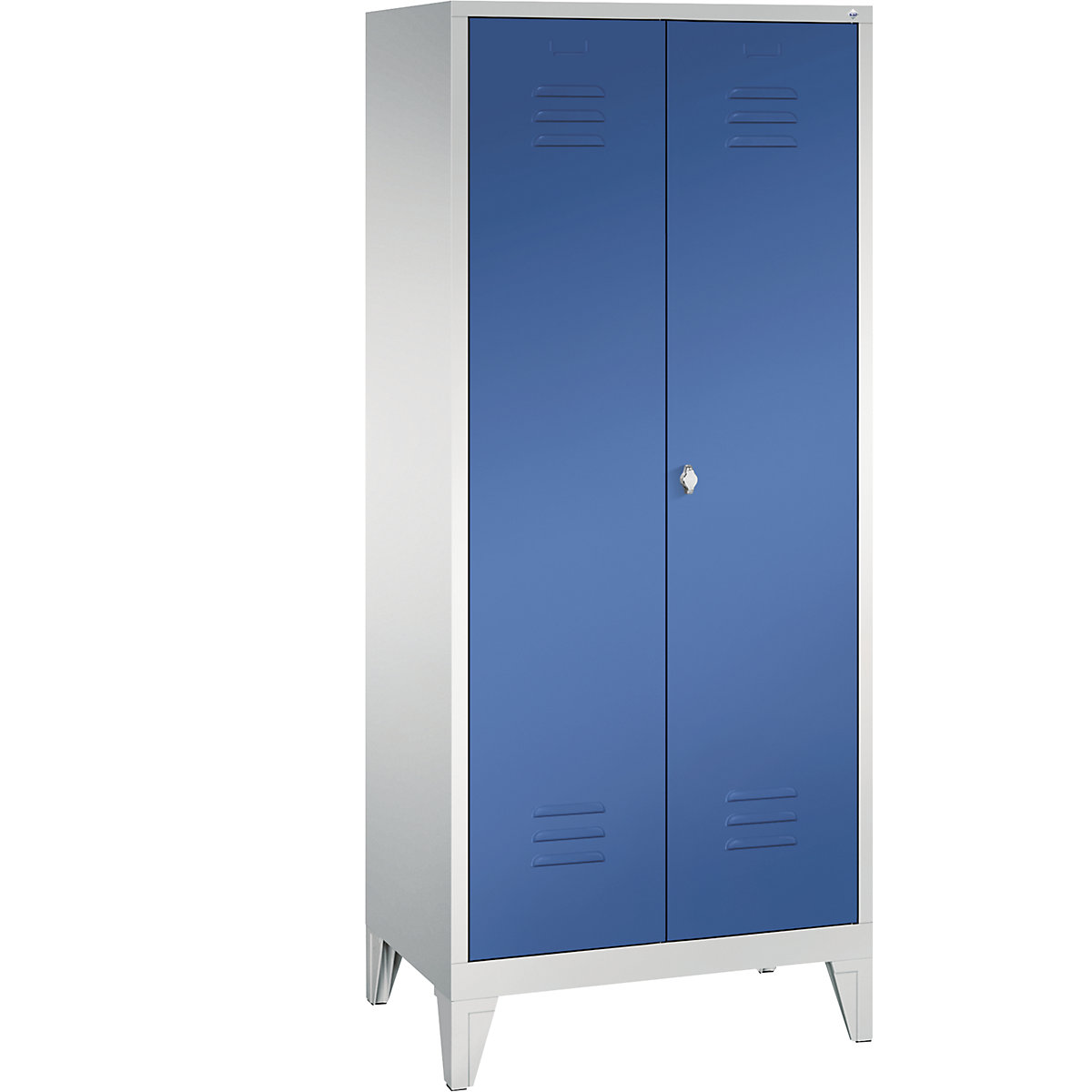 Armário de vestiário CLASSIC com pés, portas que fecham na direção uma da outra – C+P, 2 compartimentos, largura do compartimento 400 mm, cinzento claro/azul genciana-3
