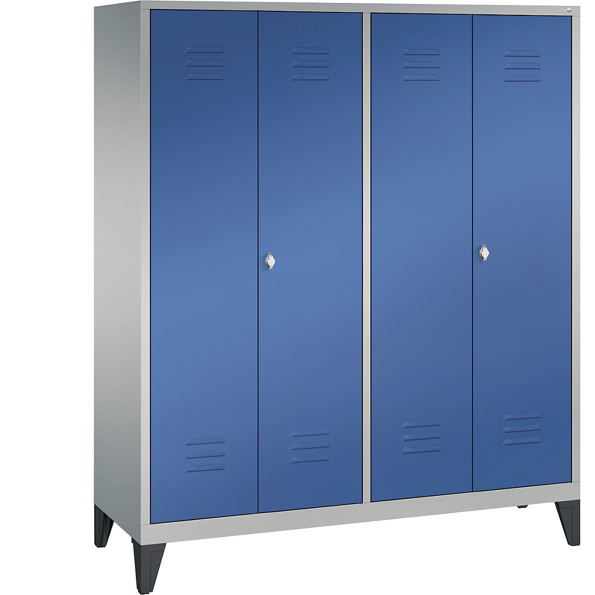 Armário de vestiário CLASSIC com pés, portas que fecham na direção uma da outra – C+P, 4 compartimentos, largura do compartimento 400 mm, cinza alumínio/azul genciana-11