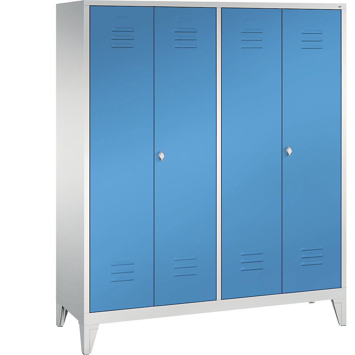 C+P – Armário de vestiário CLASSIC com pés, portas que fecham na direção uma da outra, 4 compartimentos, largura do compartimento 400 mm, cinzento claro/azul claro
