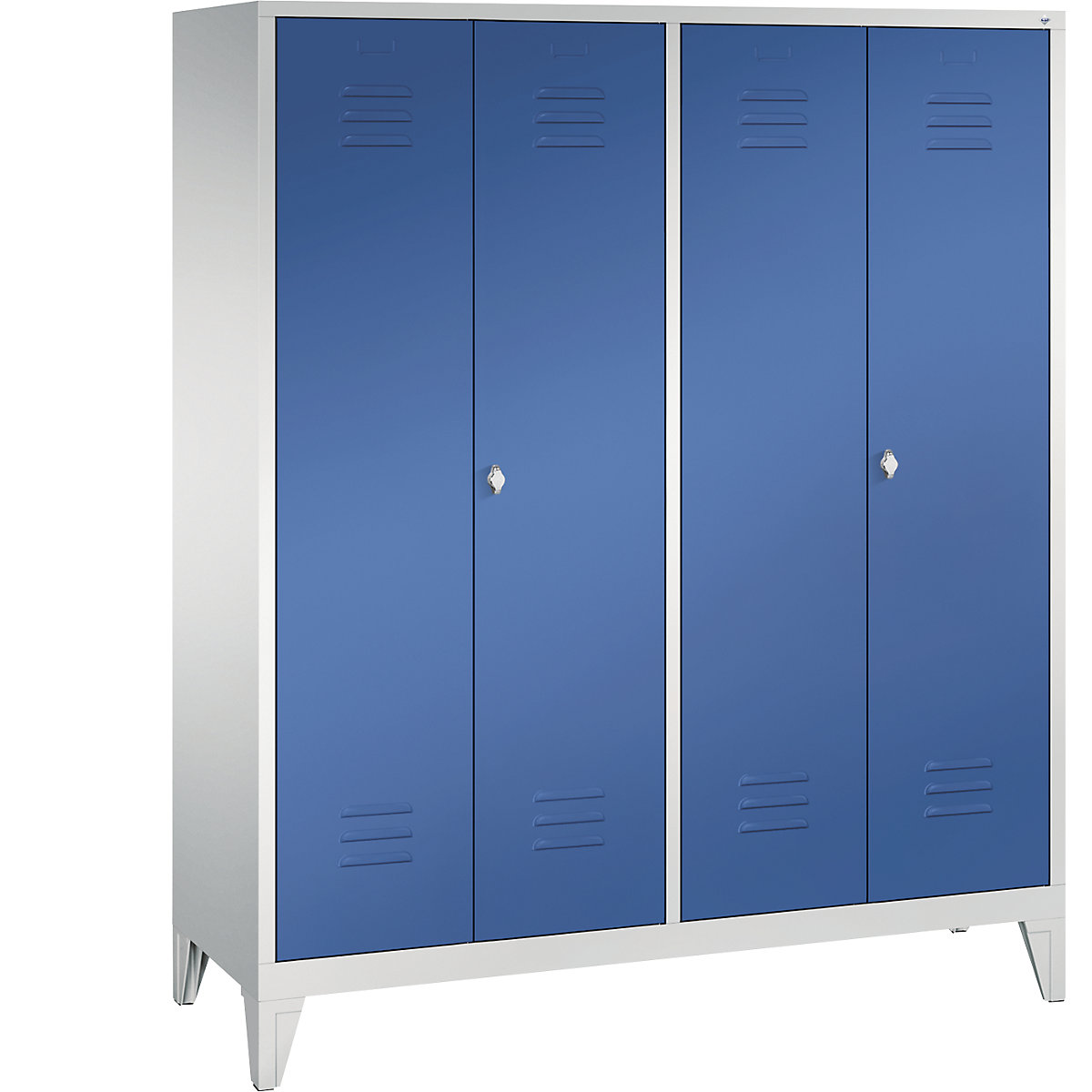 C+P – Armário de vestiário CLASSIC com pés, portas que fecham na direção uma da outra, 4 compartimentos, largura do compartimento 400 mm, cinzento claro/azul genciana