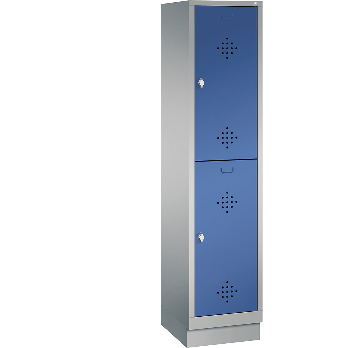 C+P – Armário de vestiário CLASSIC com rodapé, de dois andares, 1 compartimento, 2 cacifos cada, largura do compartimento 400 mm, cinza alumínio/azul genciana