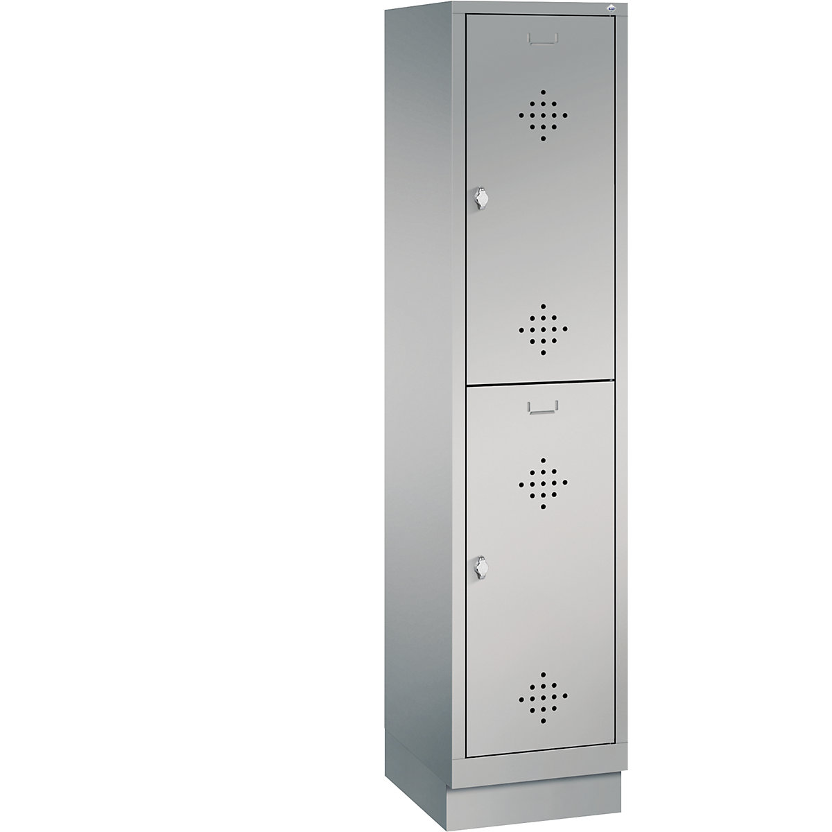 C+P – Armário de vestiário CLASSIC com rodapé, de dois andares, 1 compartimento, 2 cacifos cada, largura do compartimento 400 mm, cinza alumínio