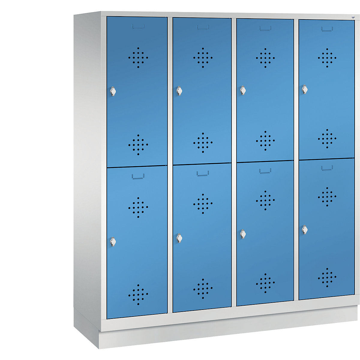 Armário de vestiário CLASSIC com rodapé, de dois andares – C+P, 4 compartimentos, 2 cacifos cada, largura do compartimento 400 mm, cinzento claro/azul claro-14