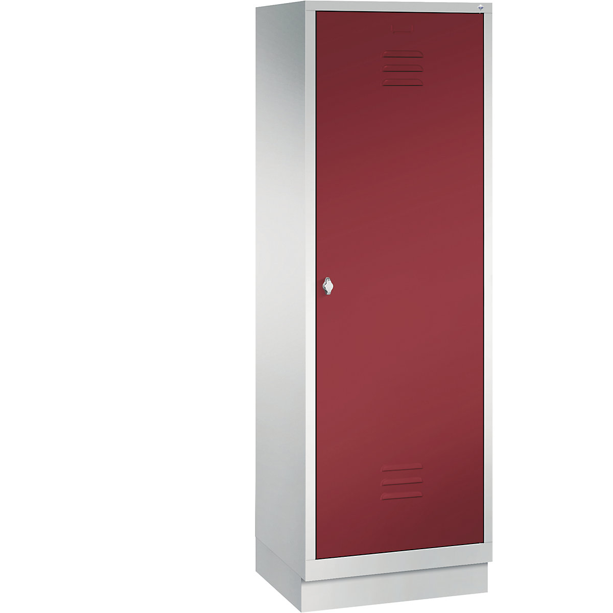 C+P – Armário de vestiário CLASSIC com rodapé, porta sobre 2 compartimentos, 2 compartimentos, largura do compartimento 300 mm, cinzento claro/vermelho rubi