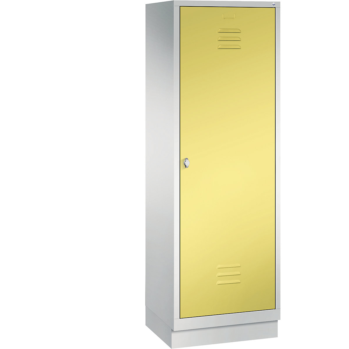 C+P – Armário de vestiário CLASSIC com rodapé, porta sobre 2 compartimentos, 2 compartimentos, largura do compartimento 300 mm, cinzento claro/amarelo enxofre