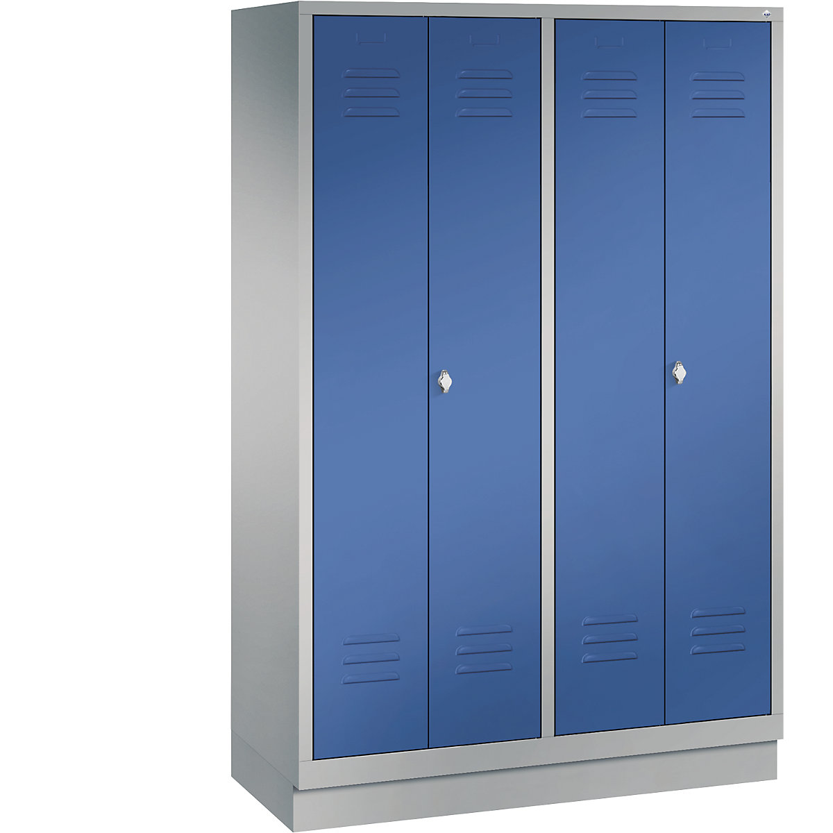 C+P – Armário de vestiário CLASSIC com rodapé, portas que fecham na direção uma da outra, 4 compartimentos, largura do compartimento 300 mm, cinza alumínio/azul genciana