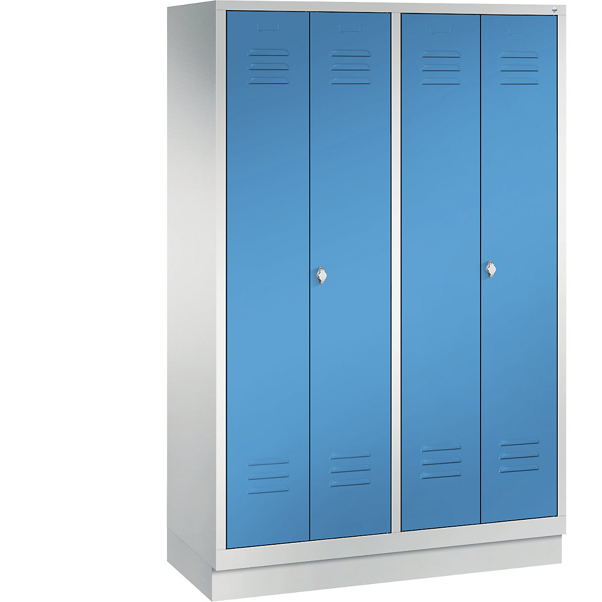 C+P – Armário de vestiário CLASSIC com rodapé, portas que fecham na direção uma da outra, 4 compartimentos, largura do compartimento 300 mm, cinzento claro/azul claro