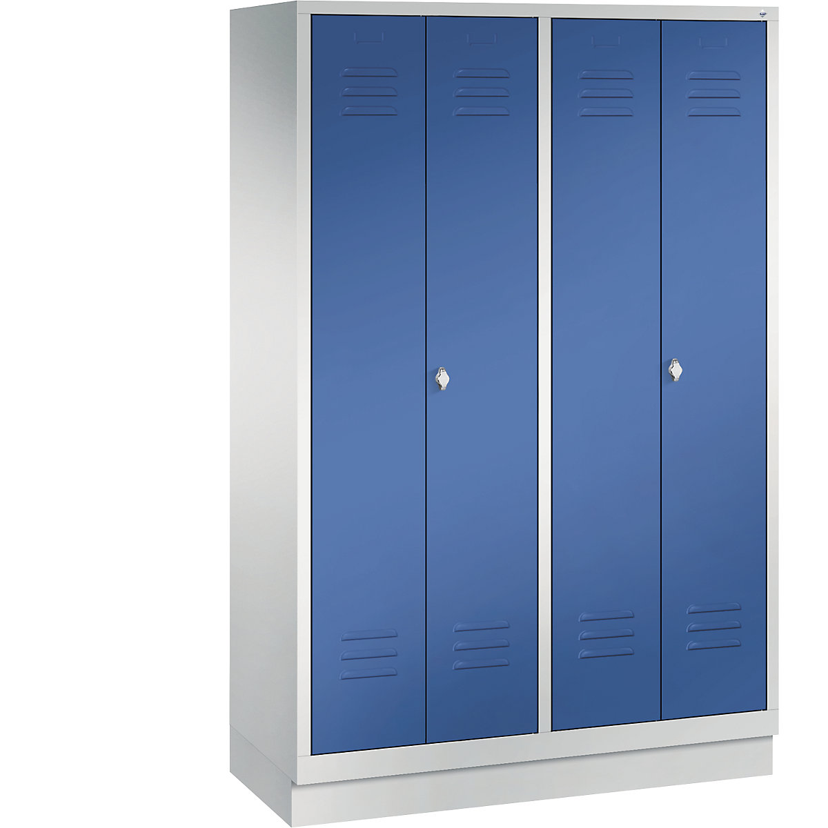 C+P – Armário de vestiário CLASSIC com rodapé, portas que fecham na direção uma da outra, 4 compartimentos, largura do compartimento 300 mm, cinzento claro/azul genciana