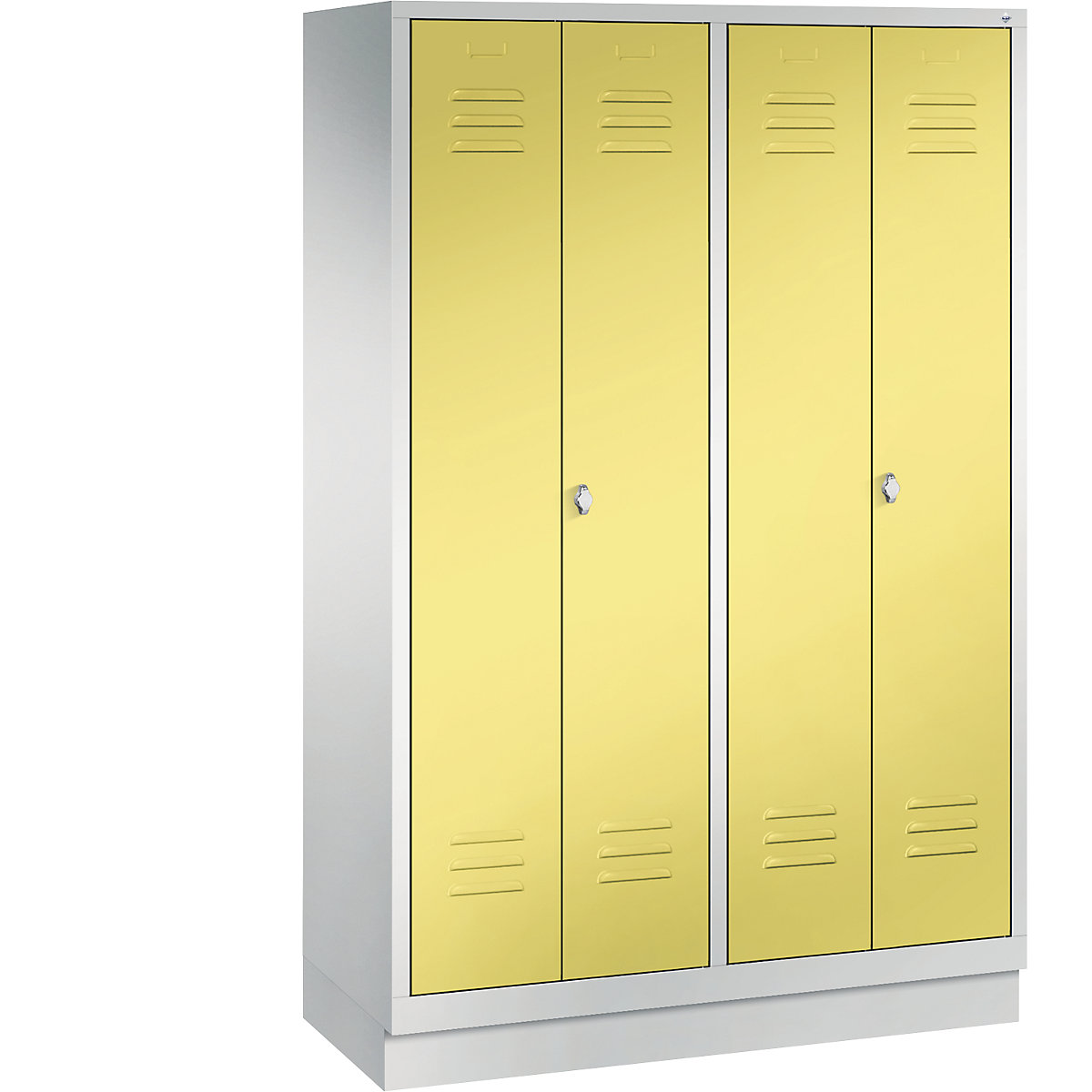 C+P – Armário de vestiário CLASSIC com rodapé, portas que fecham na direção uma da outra, 4 compartimentos, largura do compartimento 300 mm, cinzento claro/amarelo enxofre