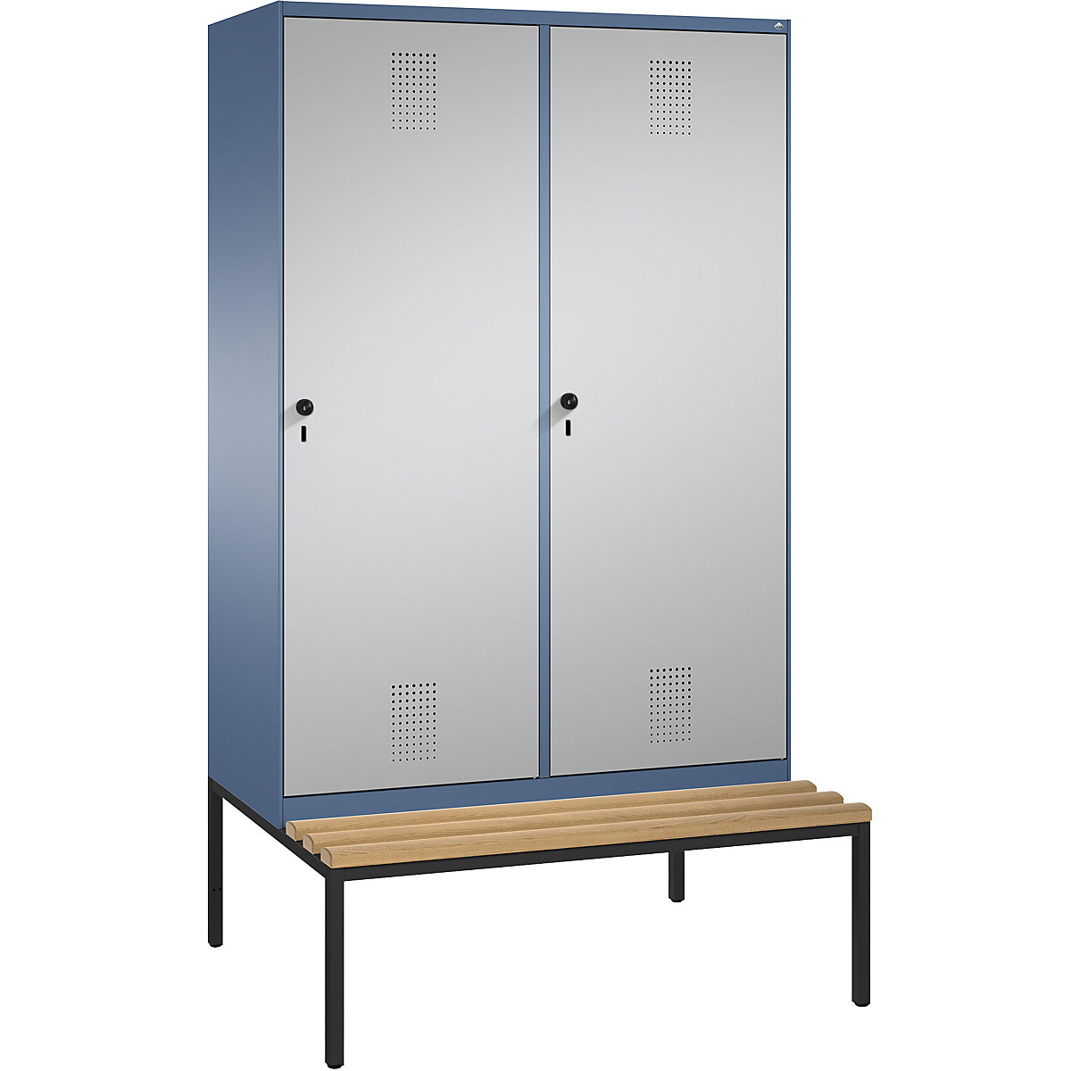 Armário de vestiário EVOLO, com banco, porta sobre 2 compartimentos – C+P, 4 compartimentos, 2 portas, largura do compartimento 300 mm, azul distante / cinza alumínio-5