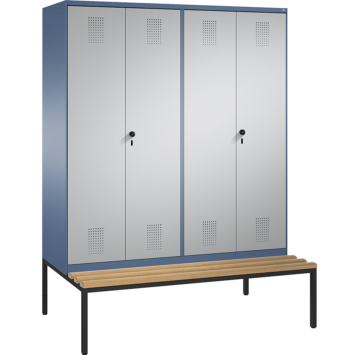 Armário de vestiário EVOLO, portas que fecham na direção uma da outra, com banco – C+P, 4 compartimentos, largura do compartimento 400 mm, azul distante / cinza alumínio-6