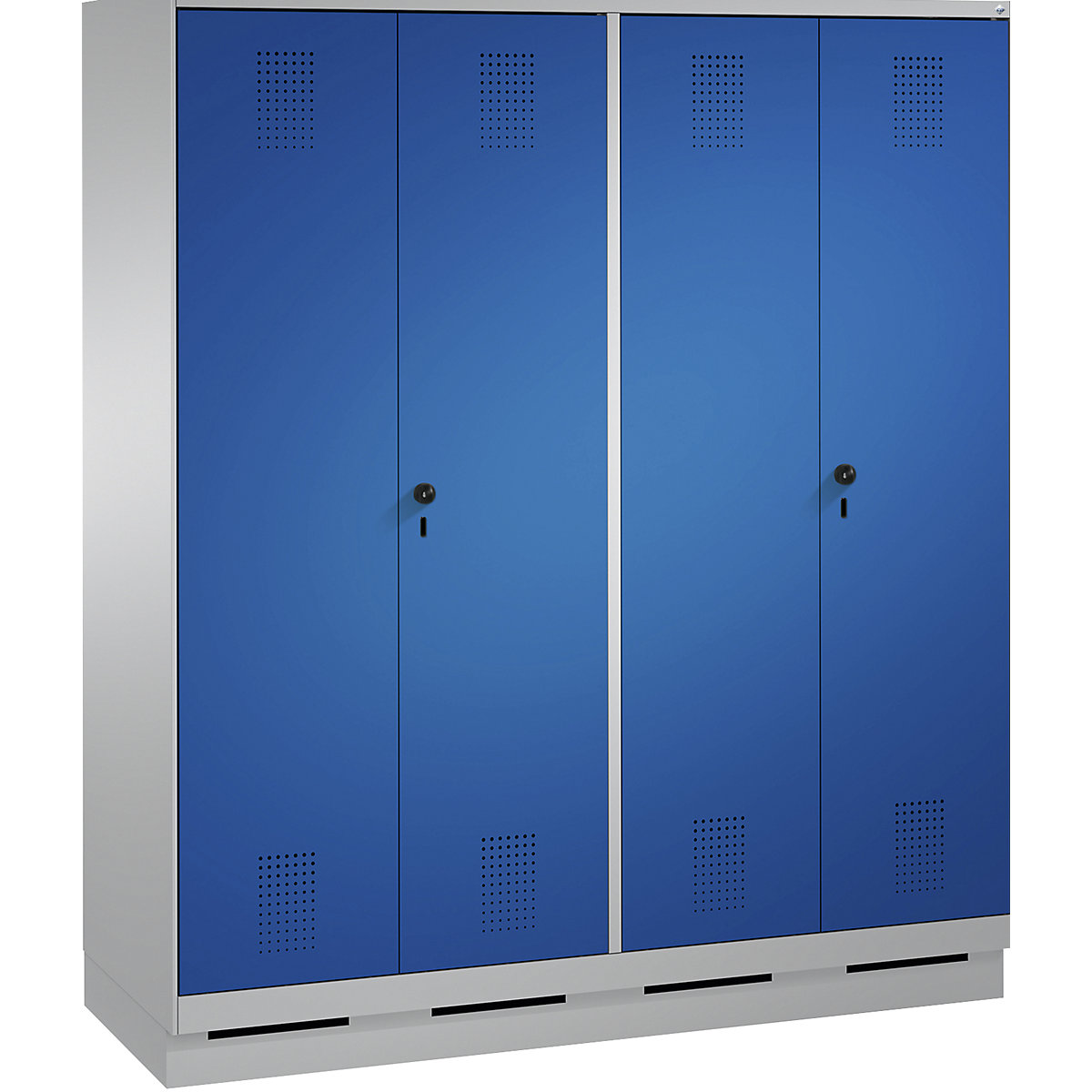Armário de vestiário EVOLO, portas que fecham na direção uma da outra – C+P, 4 compartimentos, largura do compartimento 400 mm, com rodapé, cinza alumínio / azul genciana-9
