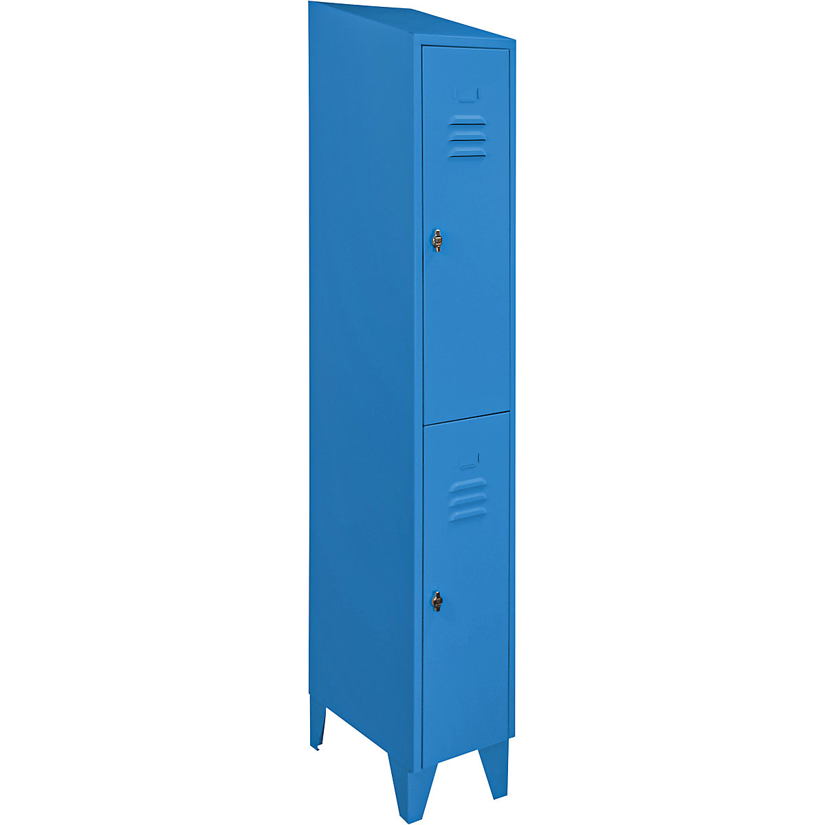 Armário de vestiário com cobertura inclinada, compartimentos a meia altura – Wolf, largura total 300 mm, 2 compartimentos, azul claro RAL 5012-3