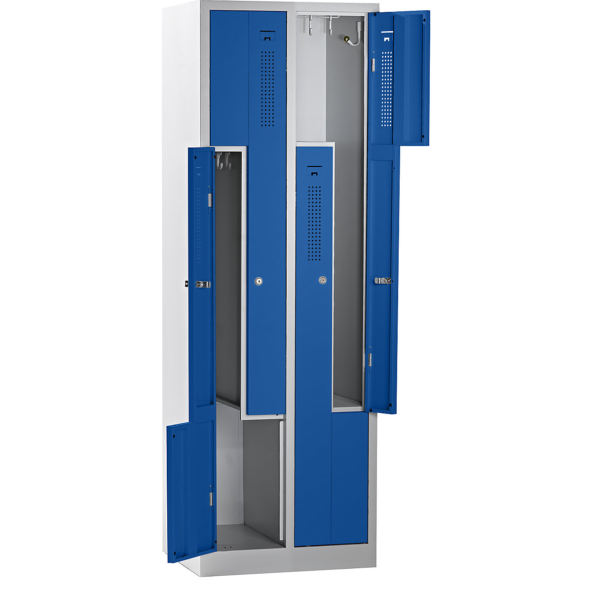 Armário de vestiário em Z AMSTERDAM – eurokraft basic, largura 590 mm, 2 compartimentos, 4 portas, cor da porta azul genciana, cor do corpo cinzento claro-4