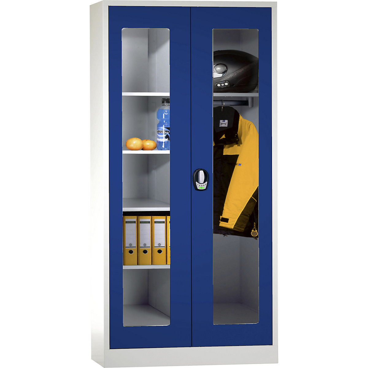 Armário de vestiário multiusos com fecho eletrónico – Wolf, com portas com janelas de visualização, cinzento claro/azul genciana-3