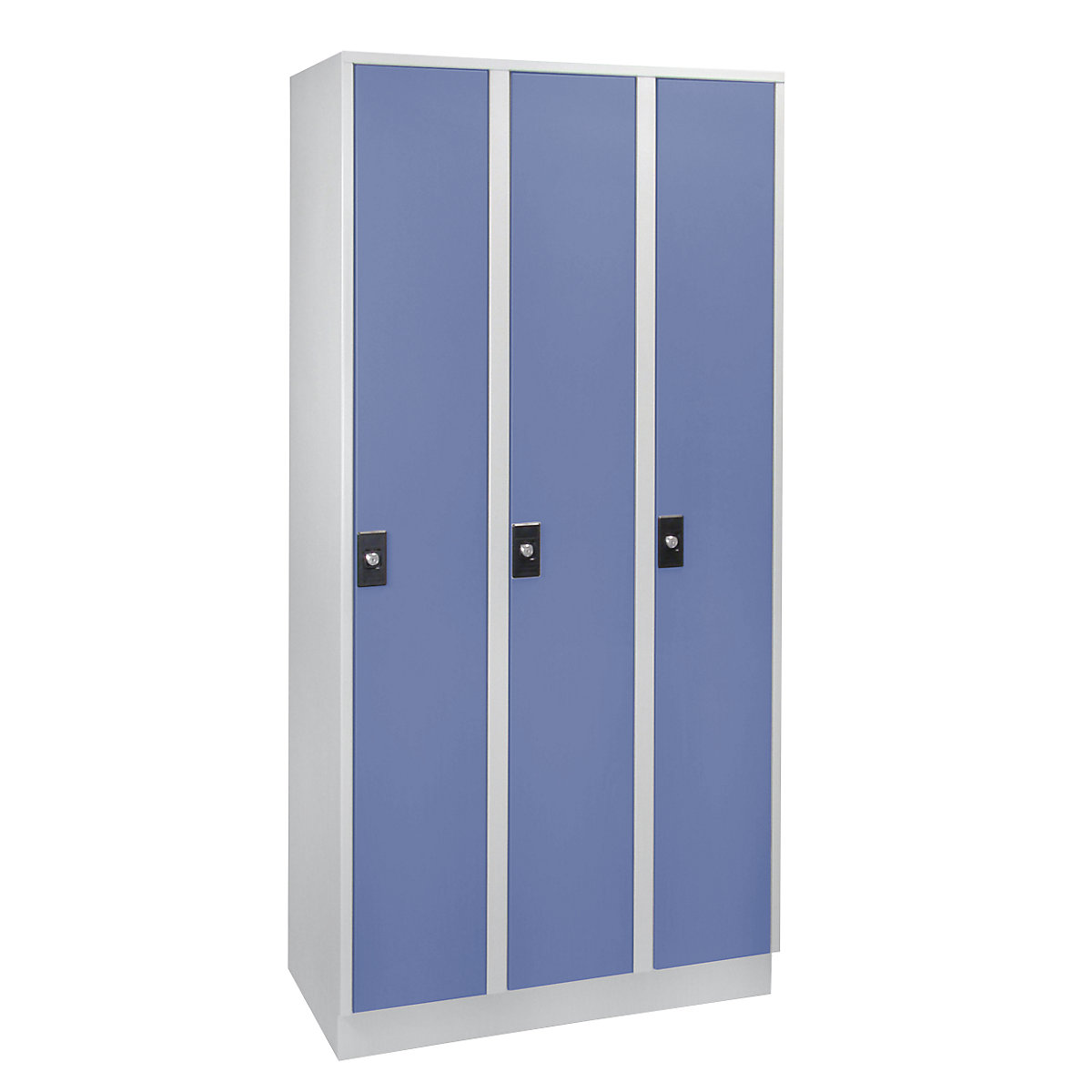 Armário de vestiário – Wolf, 3 compartimentos com 300 mm de largura, cinzento claro / azul pomba-8