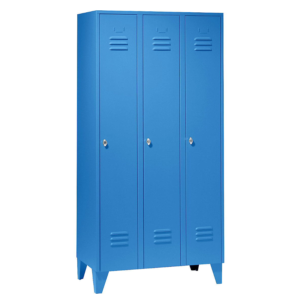 Roupeiro em aço com pés – Wolf, compartimentos à altura do armário, portas de parede maciça, largura do compartimento 300 mm, 3 compartimentos, azul claro-48
