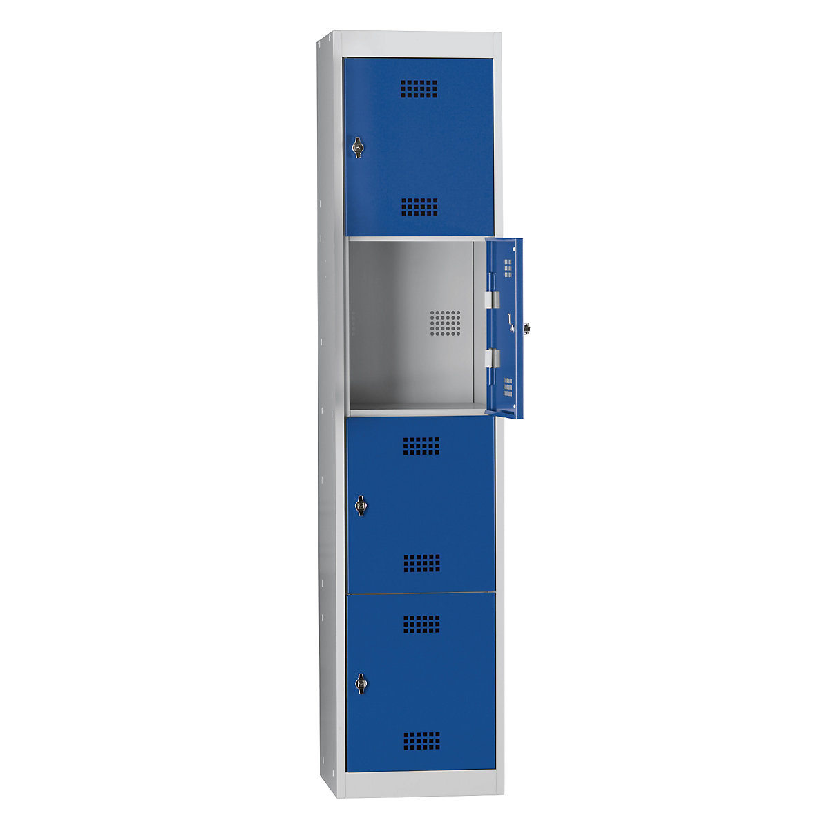 Roupeiro em aço, desmontável – Wolf, porta de batente, 4 compartimentos, altura 410 mm, largura 400 mm, elemento base, cinzento claro/azul genciana