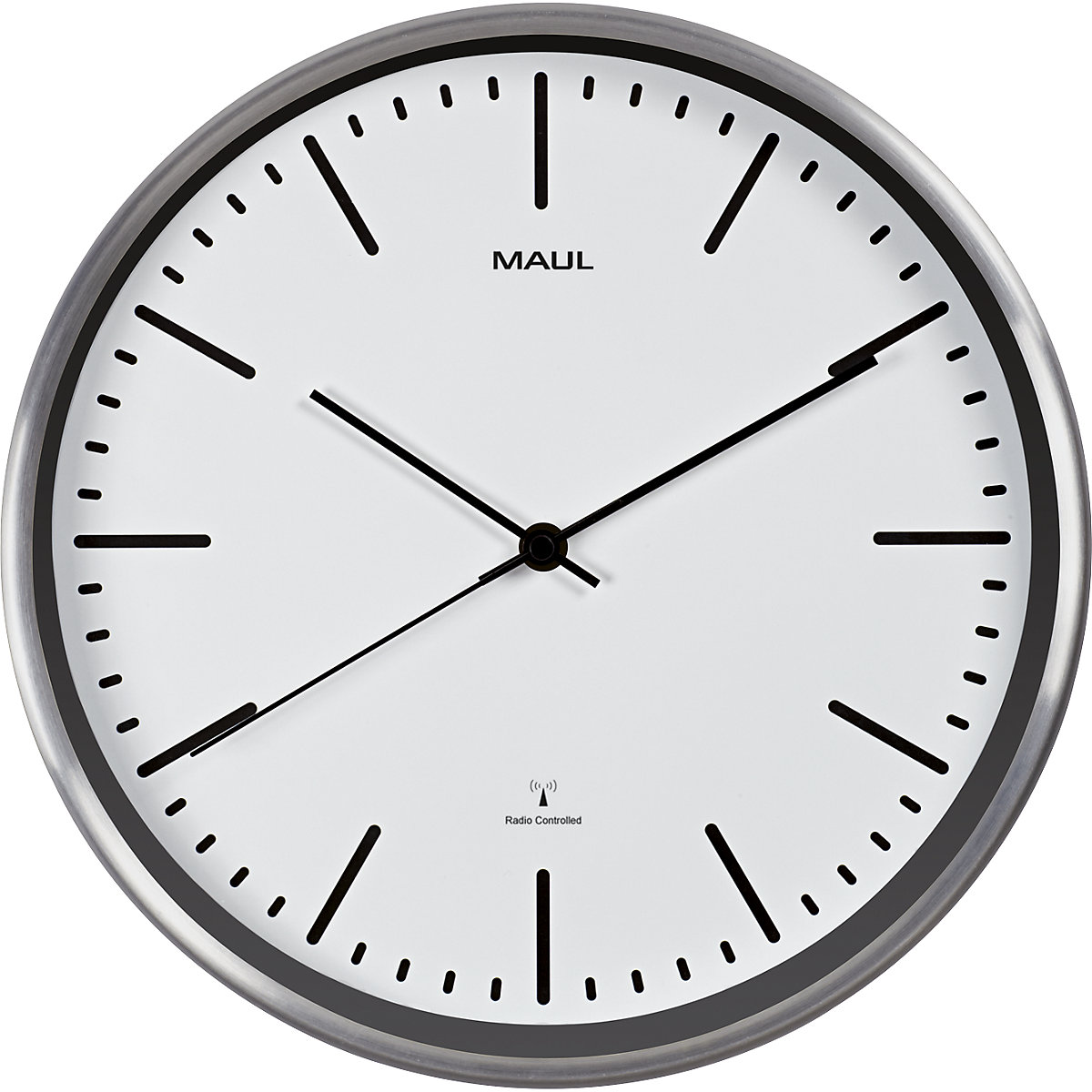 Reloj de pared MAULfly – MAUL, aluminio cepillado, Ø 305 mm, mecanismo de relojería controlado por radio, blanco-5