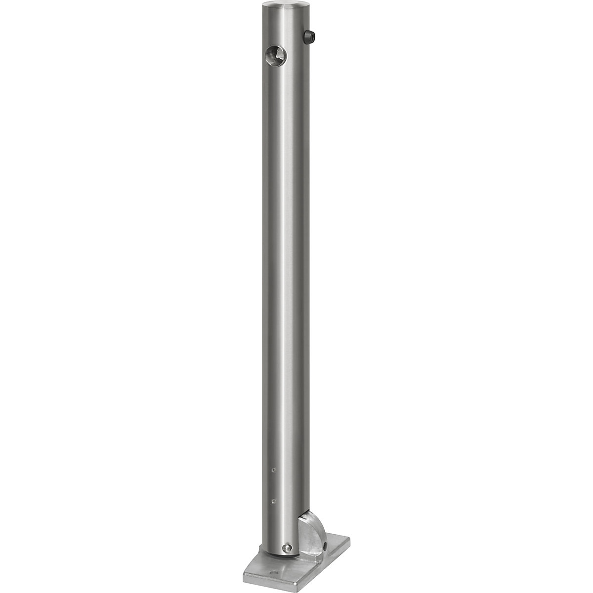 Poste barrera de acero inoxidable, con cabezal plano, placa base para atornillar, Ø 76 mm, abatible, cerradura triangular