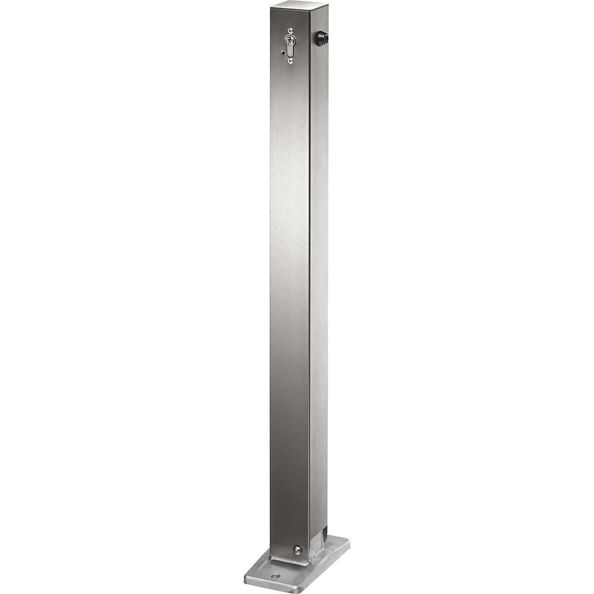 Poste barrera de acero inoxidable, con cabezal plano, placa base para atornillar, 70 x 70 mm, abatible, cilindro perfilado