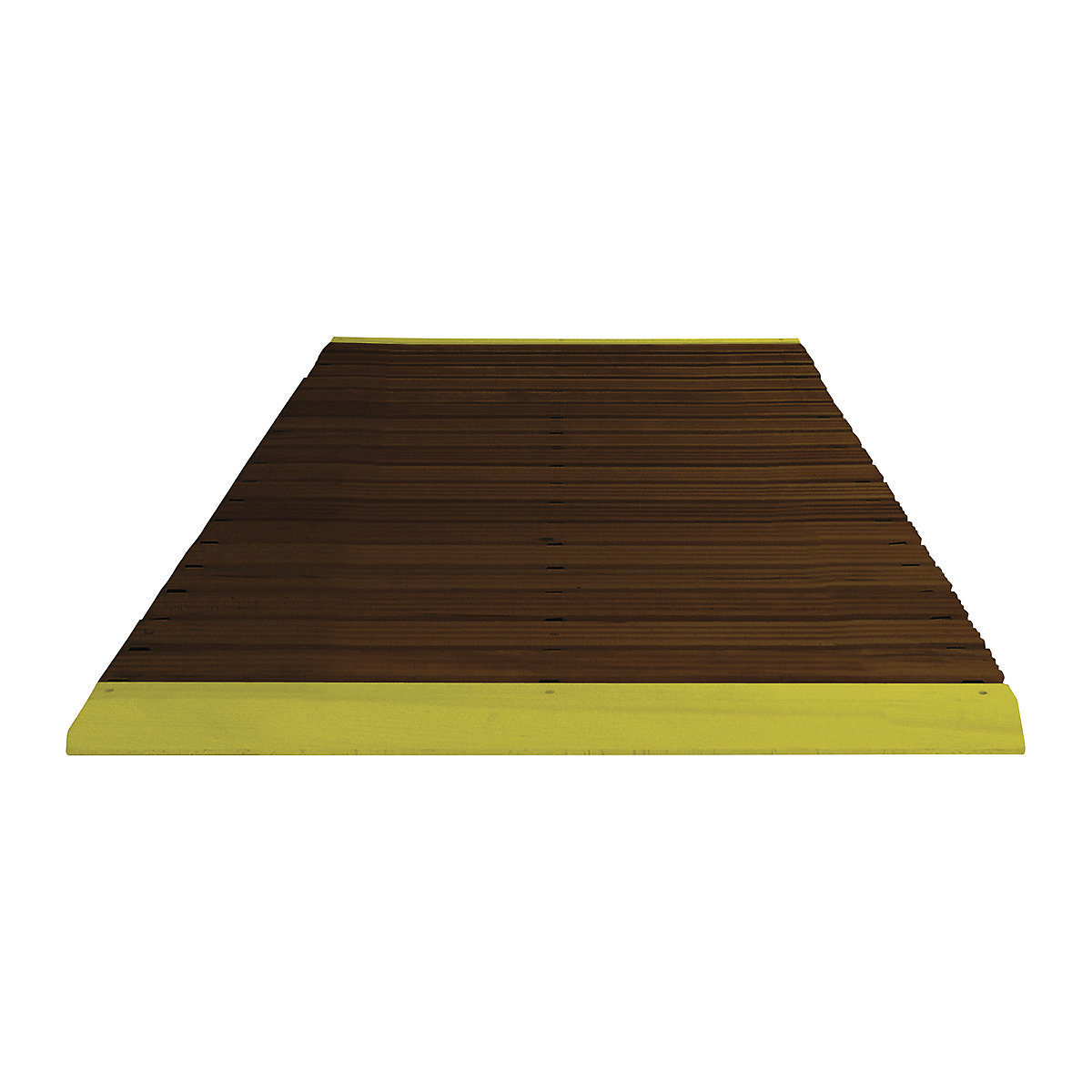 Caillebotis en bois mordancé, au mètre, avec chanfrein et rampe d'accès jaune, largeur 1000 mm-6