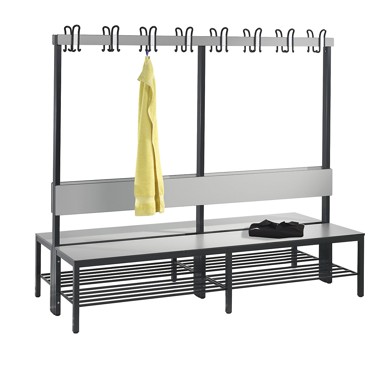 Banc de vestiaire COMFORT double face – C+P, stratifié HPL, dossier et portemanteau, longueur 1960 mm, gris argent, grille pour chaussures-2