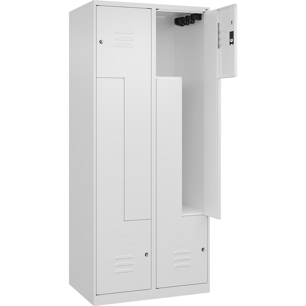 Vestiaire à portes en Z Classic PLUS – C+P, 2 compartiments, blanc trafic, l 800 mm, avec patins, serrure à cylindre-213