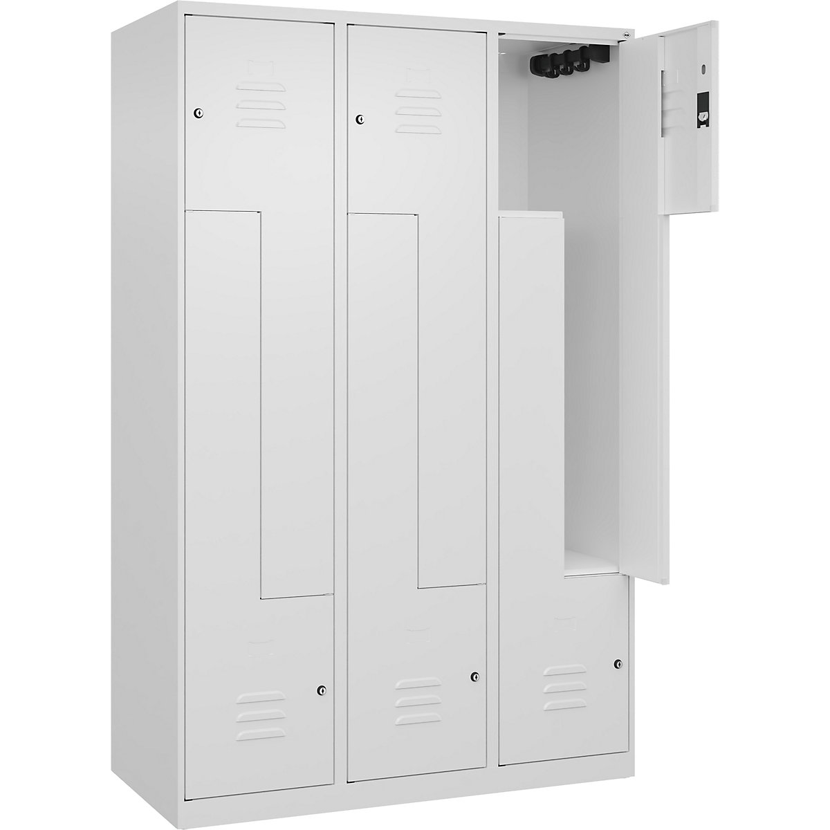 Vestiaire à portes en Z Classic PLUS – C+P, 3 compartiments, blanc trafic, l 1200 mm, avec patins, serrure à cylindre-129