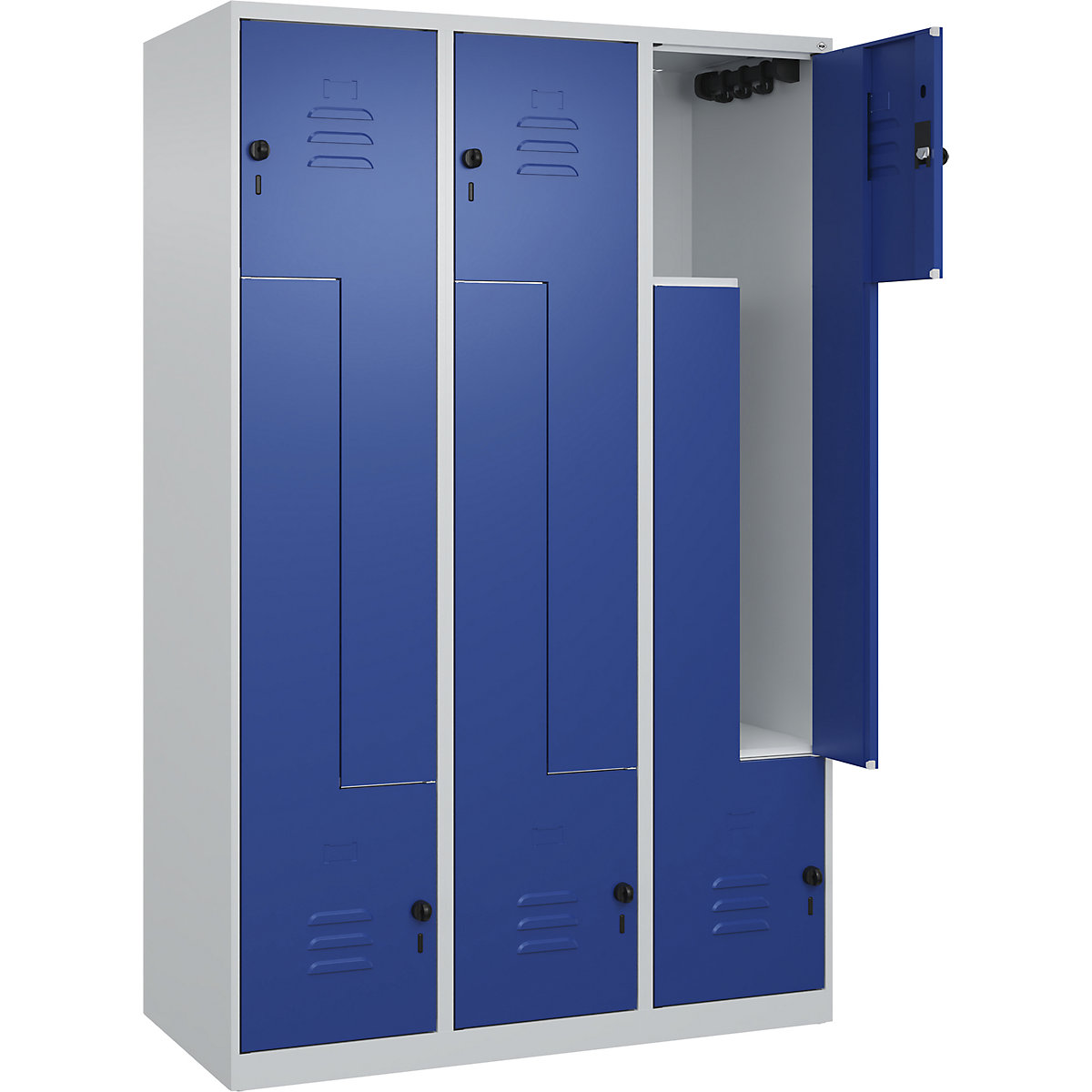 Vestiaire à portes en Z Classic PLUS – C+P, 3 compartiments, gris clair / bleu gentiane, l 1200 mm, avec patins, loqueteau-227