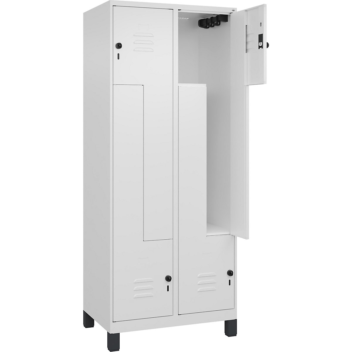 Vestiaire à portes en Z Classic PLUS – C+P, 2 compartiments, blanc trafic, l 800 mm, avec pieds, loqueteau-37