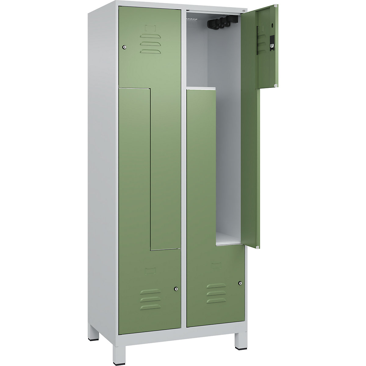 Vestiaire à portes en Z Classic PLUS – C+P, 2 compartiments, gris clair / vert réséda, l 800 mm, avec pieds, serrure à cylindre-172
