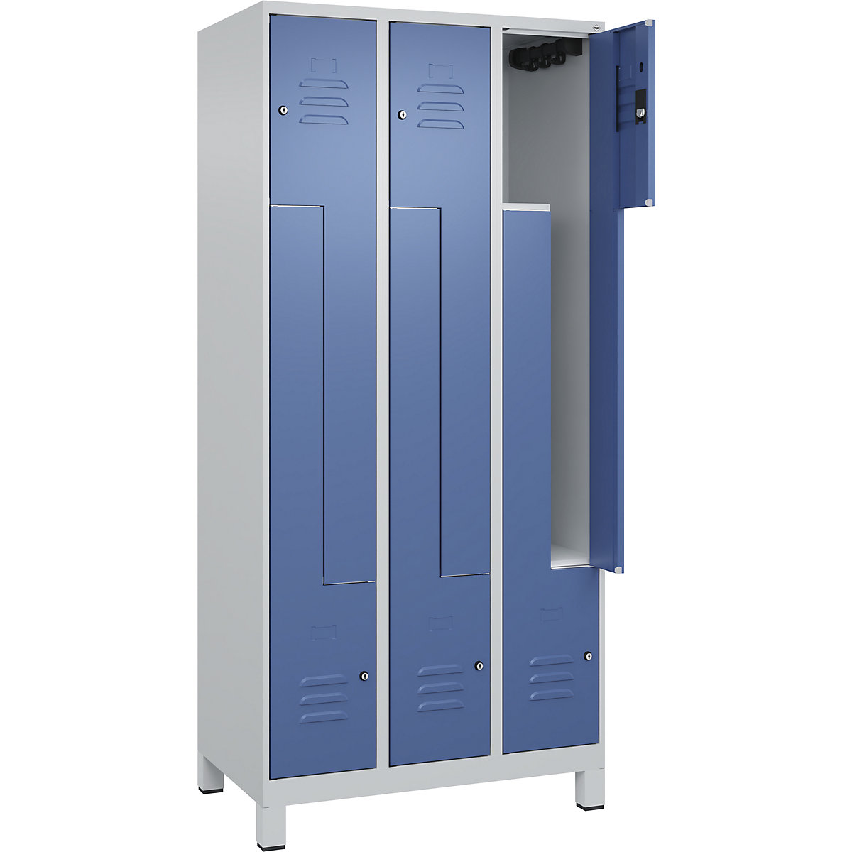 Vestiaire à portes en Z Classic PLUS – C+P, 3 compartiments, gris clair / bleu distant, l 900 mm, avec pieds, serrure à cylindre-103
