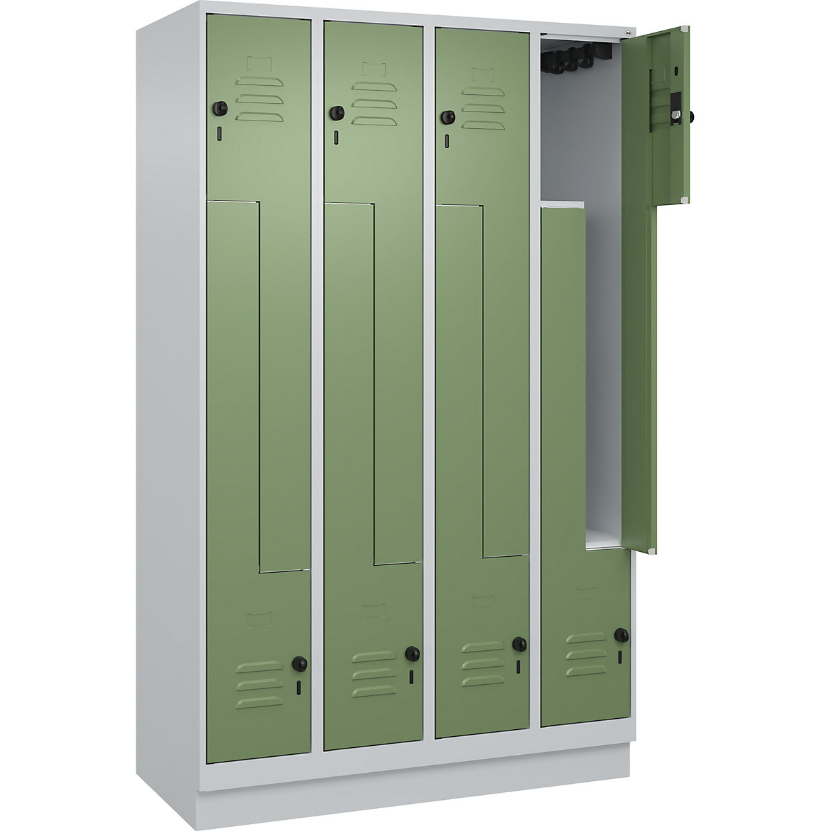 Vestiaire à portes en Z Classic PLUS – C+P, 4 compartiments, gris clair / vert réséda, l 1200 mm, avec socle, loqueteau-217
