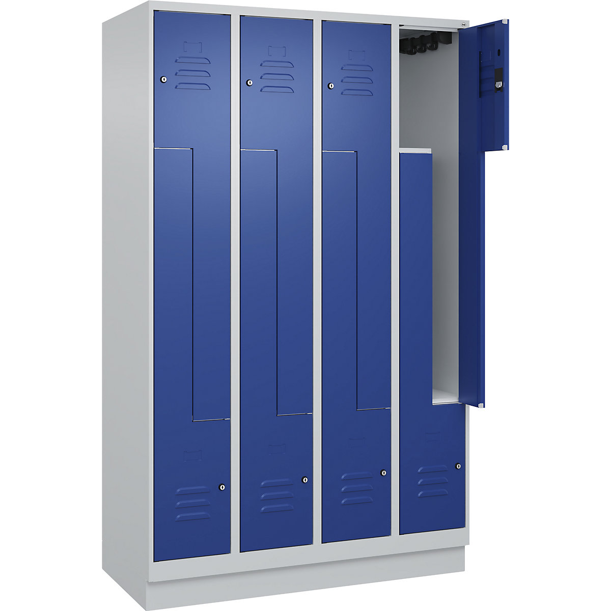Vestiaire à portes en Z Classic PLUS – C+P, 4 compartiments, gris clair / bleu gentiane, l 1200 mm, avec socle, serrure à cylindre-152