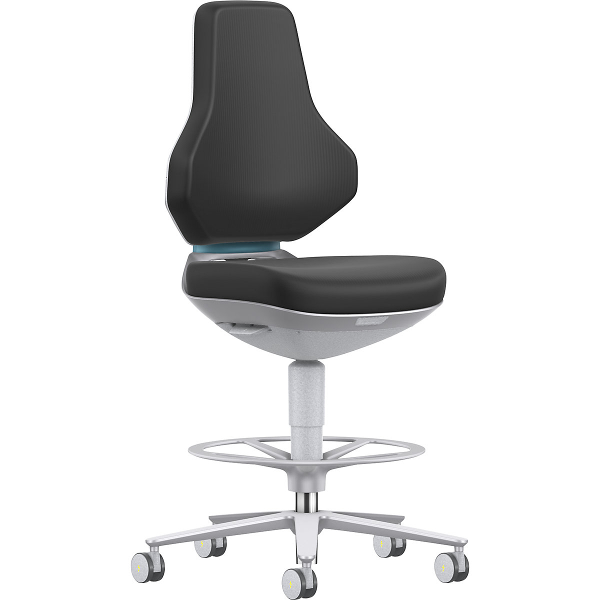 Siège d'atelier pour salle blanche TEXON – bimos, avec roulettes blocables + repose-pieds circulaire, hauteur réglable de 570 à 810 mm, Skintec, noir-4