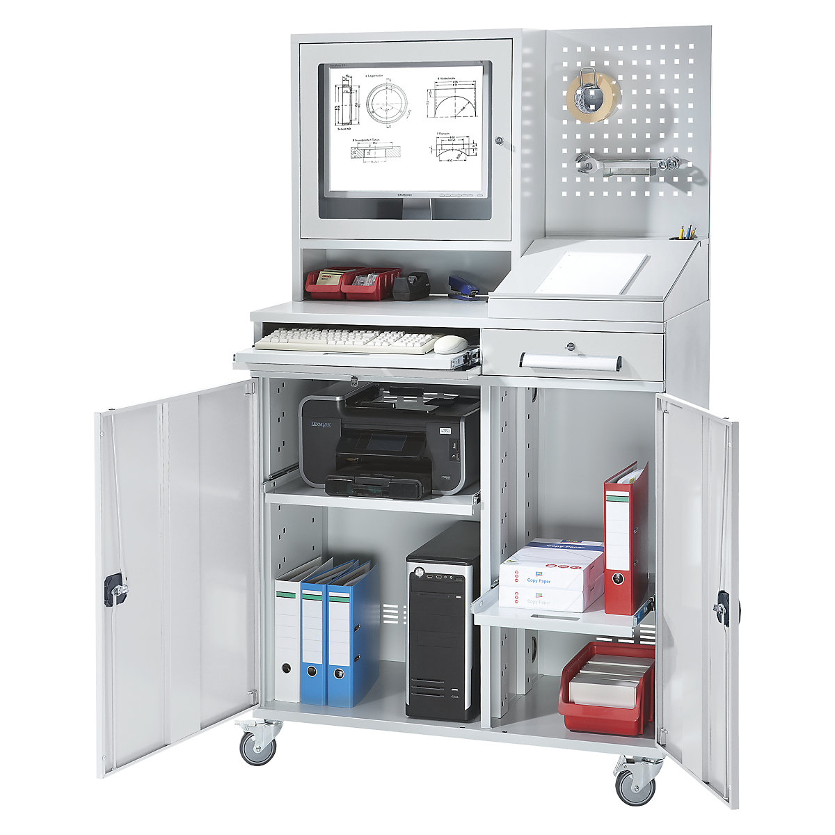 Poste informatique en tôle d'acier – eurokraft pro, h x l 1770 x 1100 mm, avec compartiment pour écran, plaque perforée, pupitre, coloris porte gris clair-3