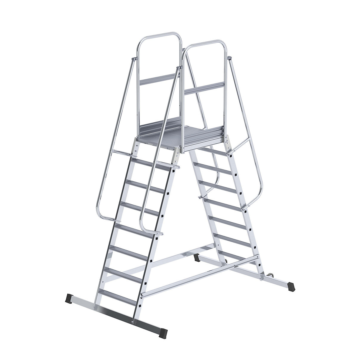 Escada em alumínio com patamar – eurokraft pro, subida de dois lados, móvel, 2 x 8 degraus-3