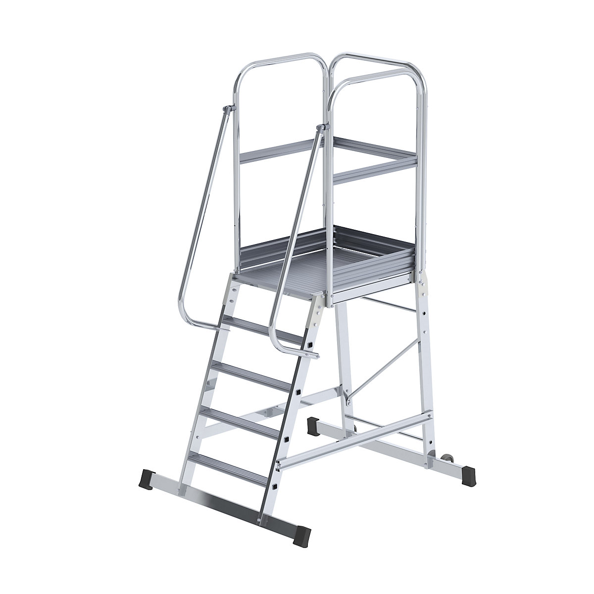 Escalera con tarima de aluminio – eurokraft pro, de ascenso por un lado, rodante, 5 peldaños-3