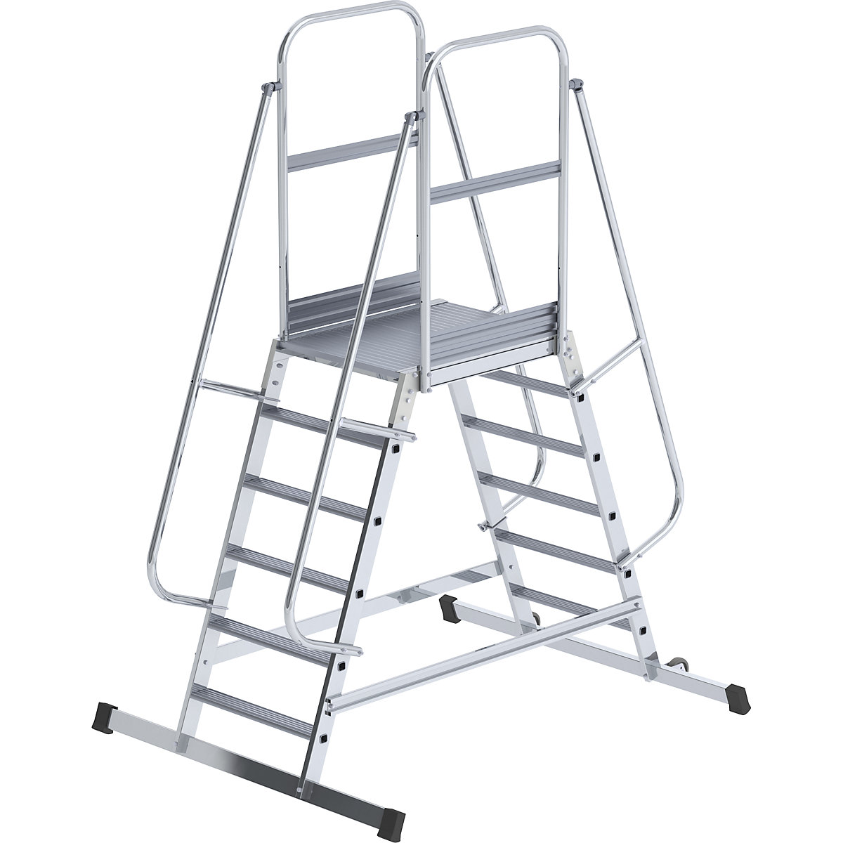 Escalera con tarima de aluminio – eurokraft pro, de ascenso por dos lados, rodante, 2 x 6 peldaños-3