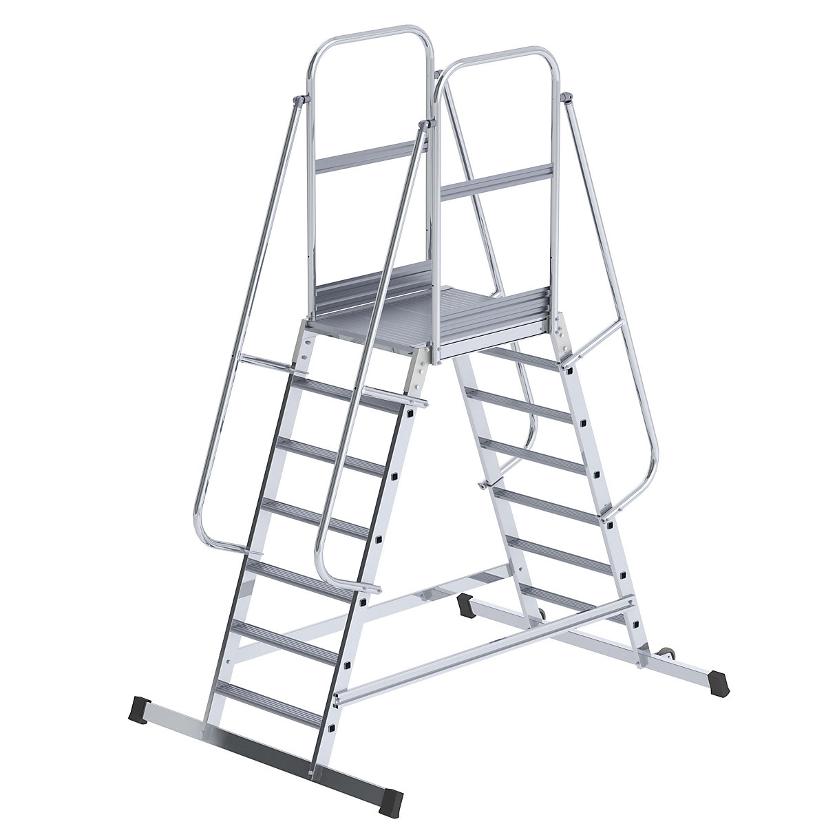 Escalera con tarima de aluminio – eurokraft pro, de ascenso por dos lados, rodante, 2 x 7 peldaños-6