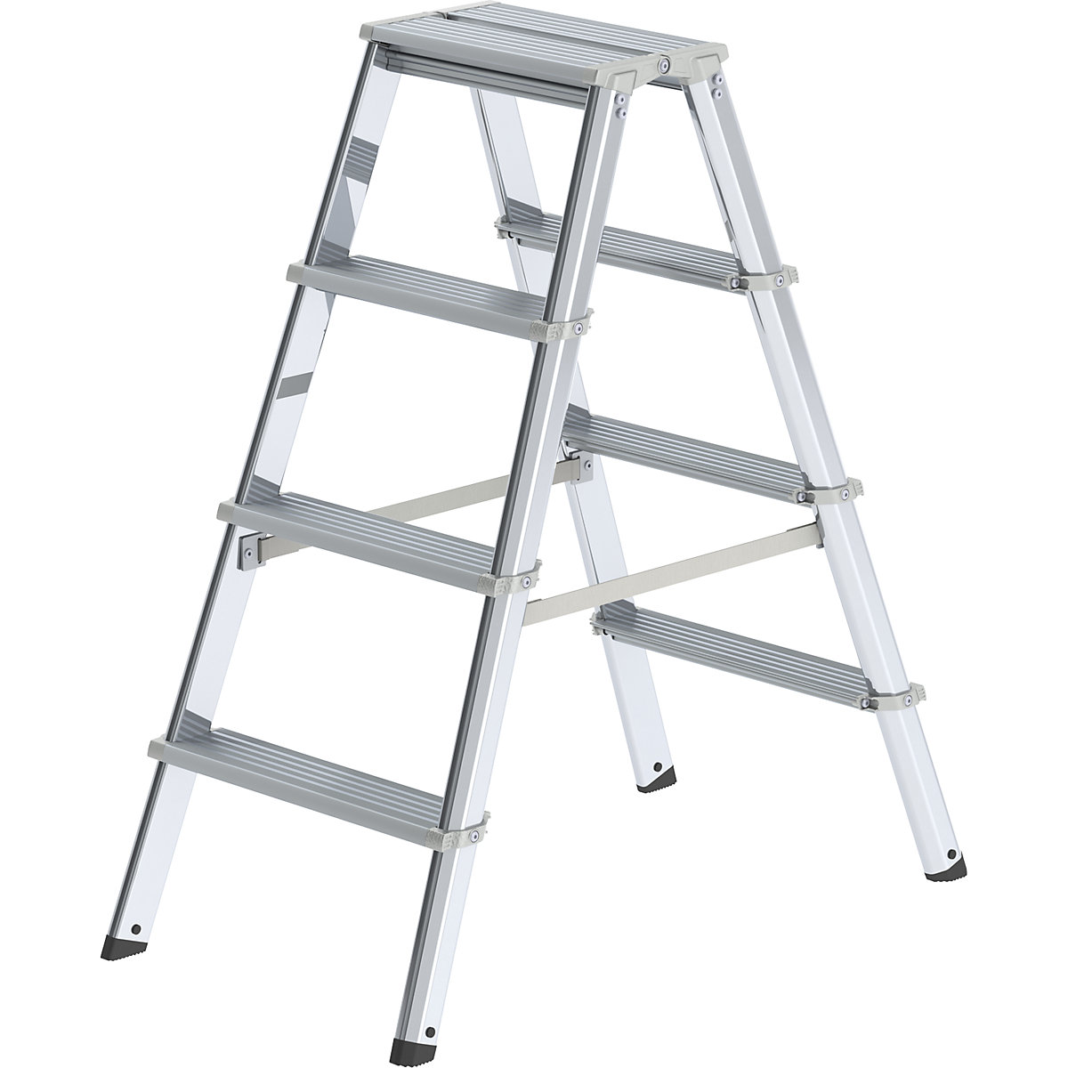 MUNK – Escalera tipo tijera de peldaños planos de aluminio, de ascenso por ambos lados, con larguero ergonómico, 2 x 4 peldaños, altura de trabajo 2500 mm