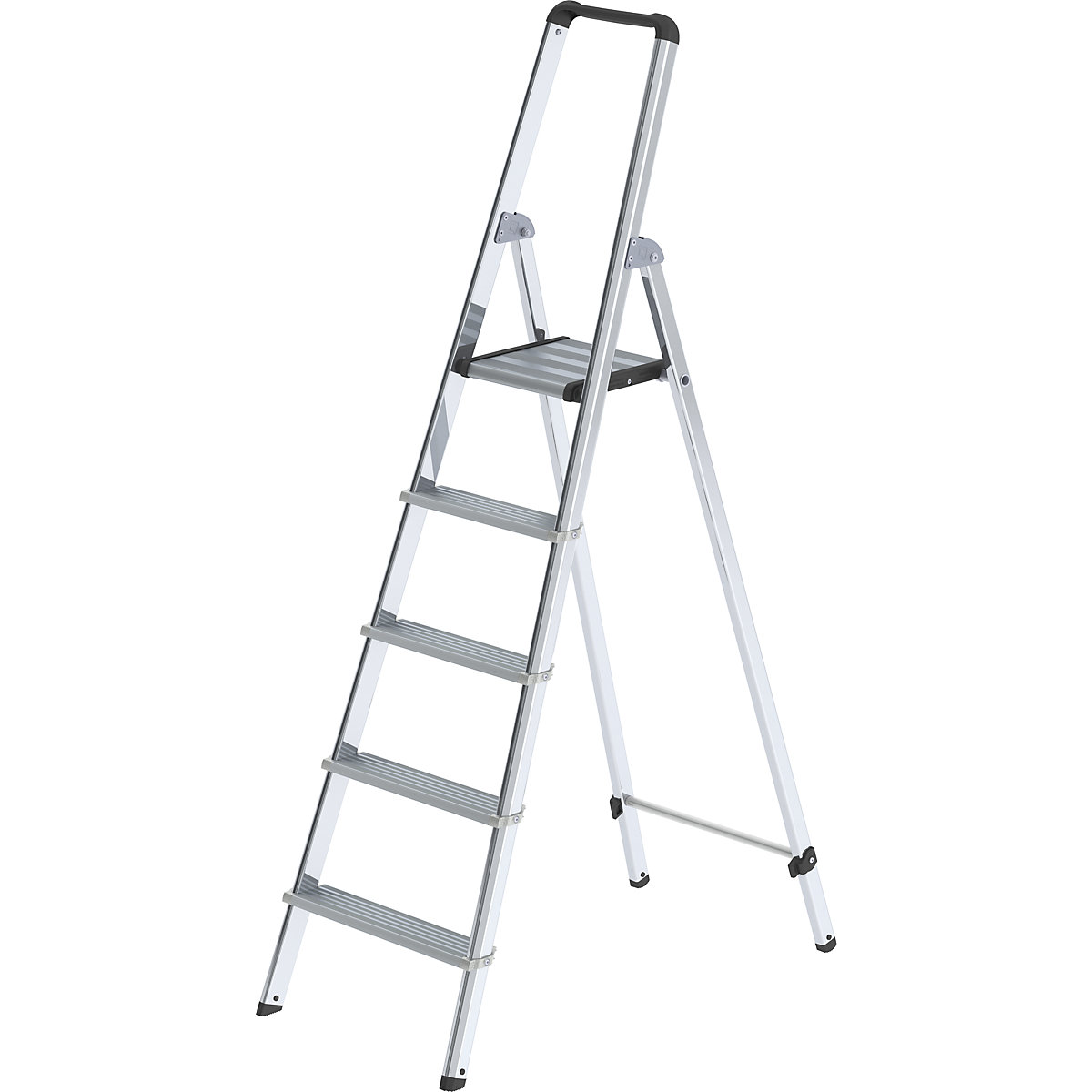 MUNK – Escalera tipo tijera de peldaños planos de aluminio, de ascenso por un lado, con larguero ergonómico y bandeja, 5 peldaños